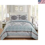 Mk Home 3PC King/california Bedspread Coverlet Set Floral Aqua Blue Grey.... Fixed Price $52.94.