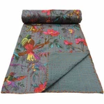 Indian Grey Bird Print Kantha Quilt Queen Size Bedding Blanket Bedspread Throw. Fixed Price $44.18.