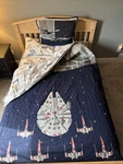 Rare Pottery Barn Star Wars Millennium Falcon 6 Pcs Queen Quilt & Full Sheet Set. Fixed Price $175.00.