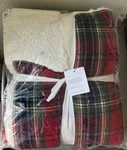 New Pottery Barn Stewart Plaid Tartan Sherpa Backed Throw Blanket Holiday Red. Fixed Price $85.00.