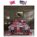 Rustic King Quilt Set Red Black Plaid Bear Patchwork Reversible Bedding Shams. Fixed Price $84.59.