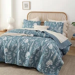 Janzaa Queen Quilt Set Mineral Blue - 3PC Botanical Floral Reversible Bedspread. Fixed Price $50.76.