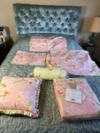 King Size Peacock Alley Coverlet And 9 Shams/pillows Pink Floral. Fixed Price $300.00.