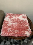Pottery Barn Matine Toile Queen Quilt 94 X 88" Reversible Red White Ruffled. Fixed Price $249.99.