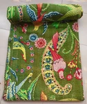 Indian Cotton King Green Birds Floral Print Kantha Quilt Bedspread Blanket Throw. Fixed Price $87.75.