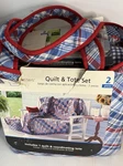 Mainstays King Quilt & Tote Set Red White Blue Plaid Americana Patriotic. Fixed Price $41.00.