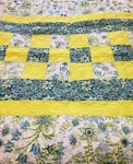 Homemade Lap Throw Blues & Chartreuse Green Floral Squirt Quilting 38X42". Fixed Price $16.75.