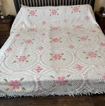 Vtg Pink & Green Floral Fringed Chenille Bedspread King Size Acrylic 92 X 100. Fixed Price $95.00.