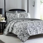 Laura Ashley Quilt Set 3-PIECE King Size Reversible Floral Cotton Black + White. Fixed Price $117.57.