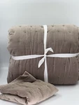 New Pottery Barn Velvet Tufted Full/ Queen Quilt & 2 King Shams, Mocha Read. Fixed Price $175.00.