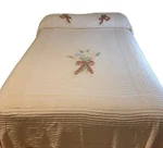 Vintage Chenille Bedspread Queen 102X87" Flowers Bows Ivory Blanket Coverlet. Fixed Price $35.00.
