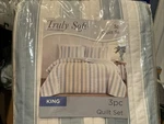 New Truly Soft Everyday Baby Blue White Stripe 3-PC. King Quilt Set. Fixed Price $25.00.