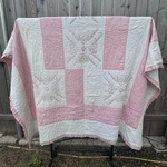 Hand Quilted Patchwork Pink Floral Embroidered Hearts Ruffled Edge 96"X82". Fixed Price $127.77.