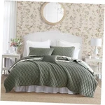 Laura Ashley - Quilt Set, Solid Velvet King Diamond Stitch Dark Green. Fixed Price $139.25.