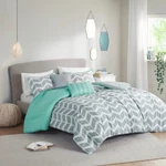Comforter Set Queen Blue Gray White Chevron Print Pillow Sham Modern Bedding. Fixed Price $93.75.
