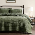 Velvet King Size Quilt Set - Olive Green Striped Soft Lightweight Bedspread, Dar. Fixed Price $107.99.