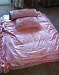 Vintage Romantic Pink Satin Floral & Lace Duvet Cover Set 86"X 78". Fixed Price $74.99.