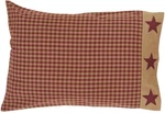 Burgundy Check Cotton Pillowcase Set Country-style Ninepatch Star Appliqued Hem. Fixed Price $34.95.